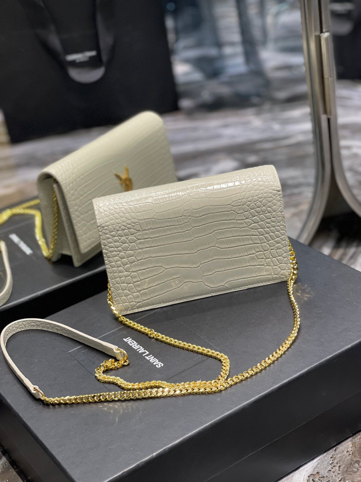 YSL "White Croc Embossed Leather Kate Wallet"