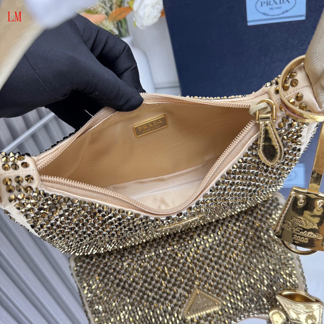 Prada "Gold Crystal Re-Edition Satin mini-bag with Crystals"
