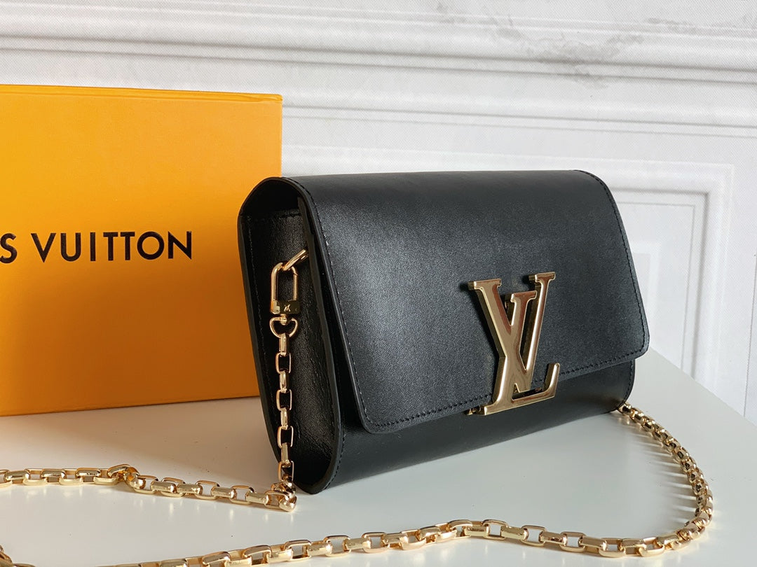 Louis Vuitton "Black Calfskin Leather Chain Louise GM Bag"