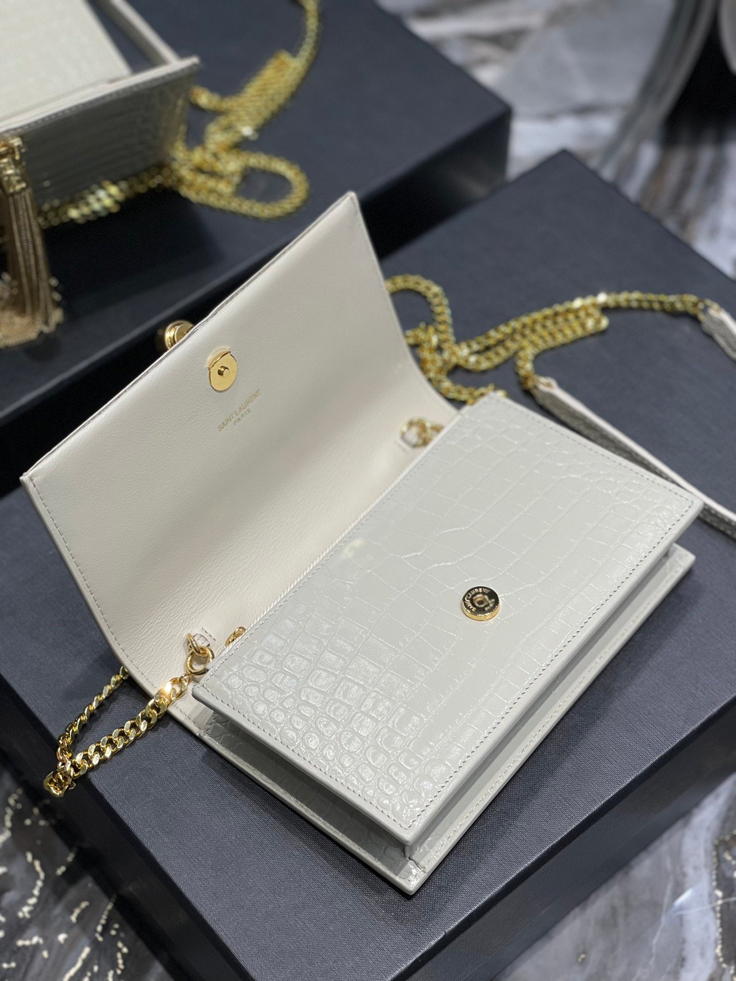 YSL "White Croc Embossed Leather Kate Wallet"