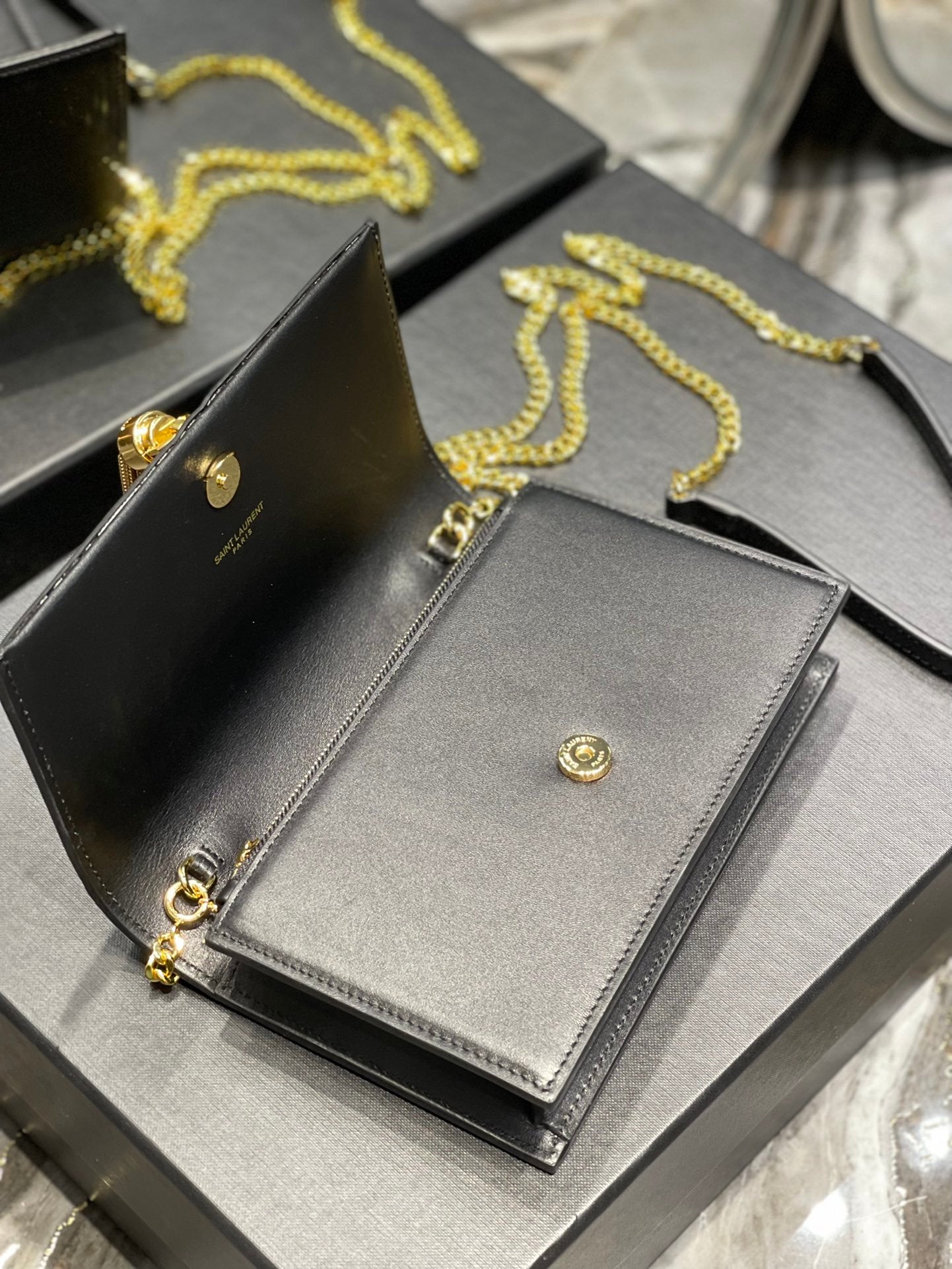 YSL "Black and Gold Kate Small Chain Bag with Tasse"