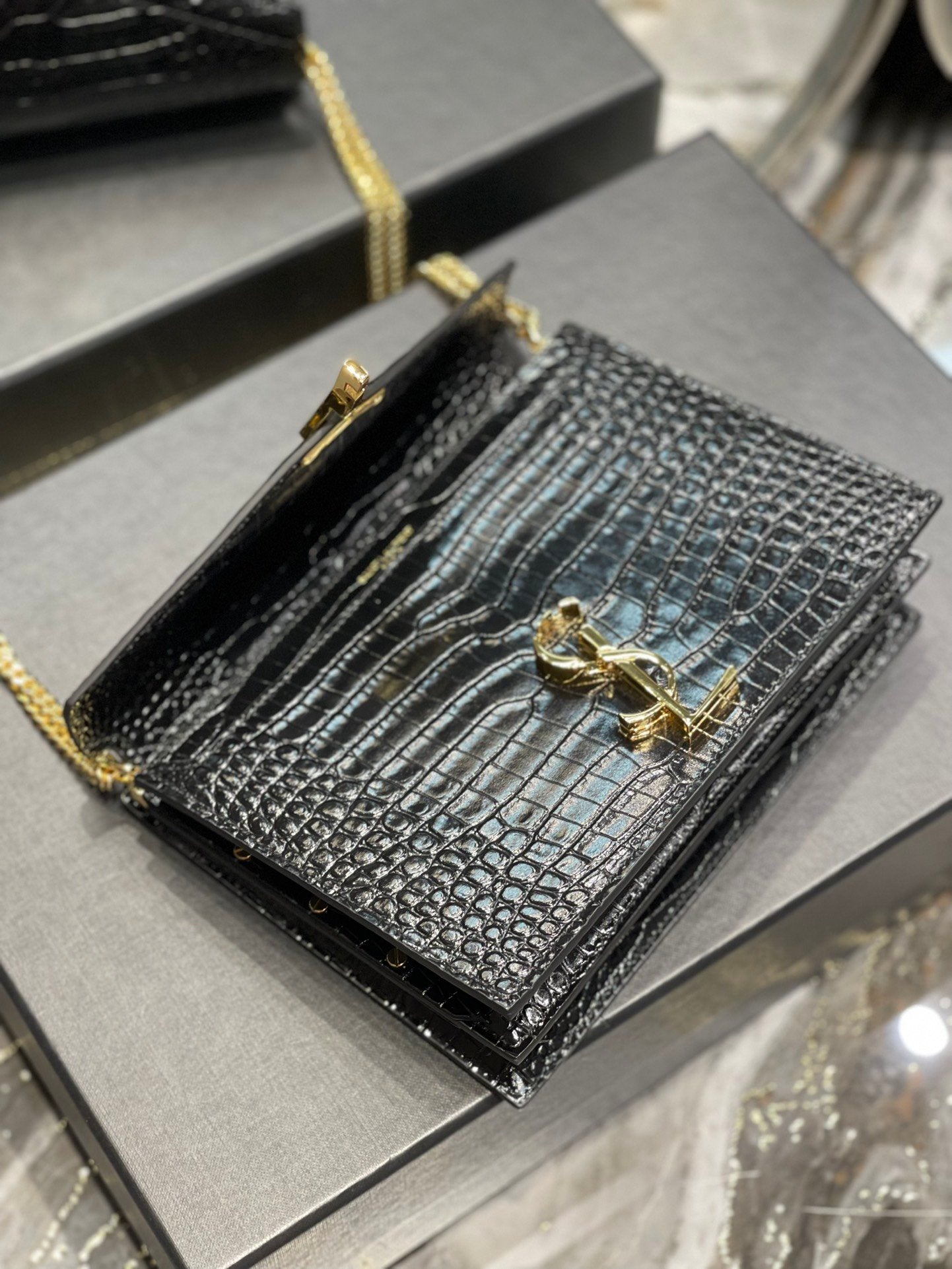 YSL "Cassandra Black and Gold Monogram Crocodile Leather Crossbody"