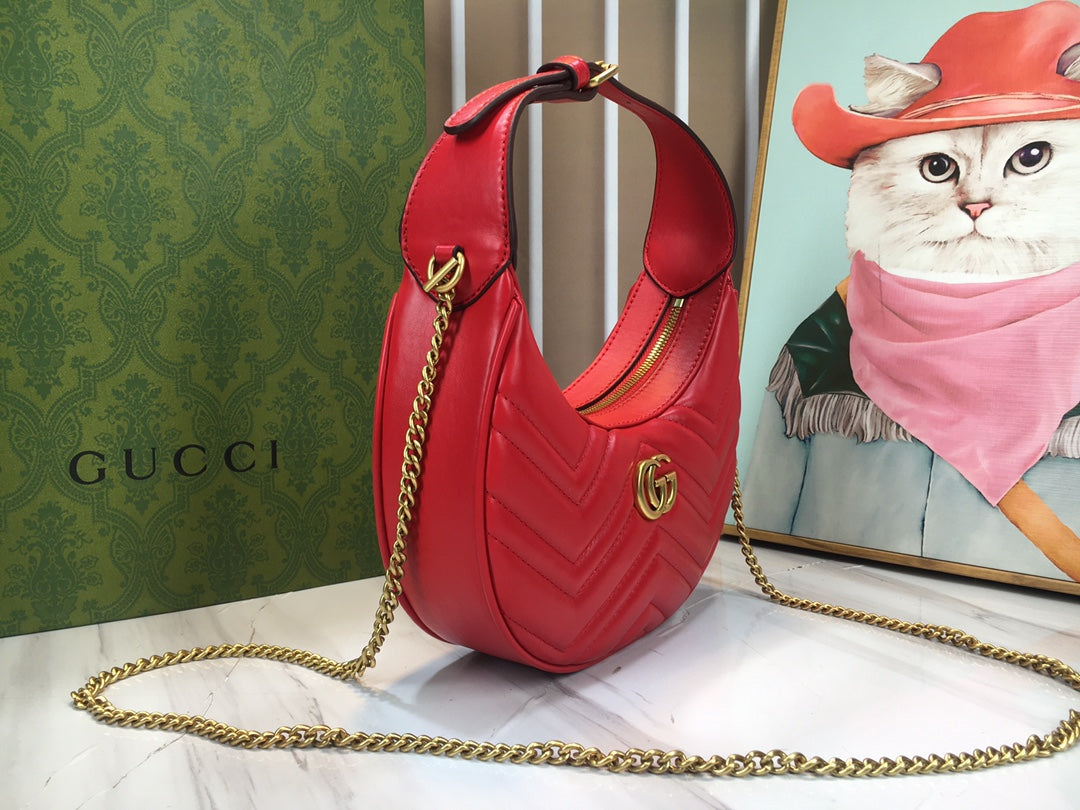 Gucci "Red Matelassé Leather Mini GG Marmont Half Moon Shoulder Bag"