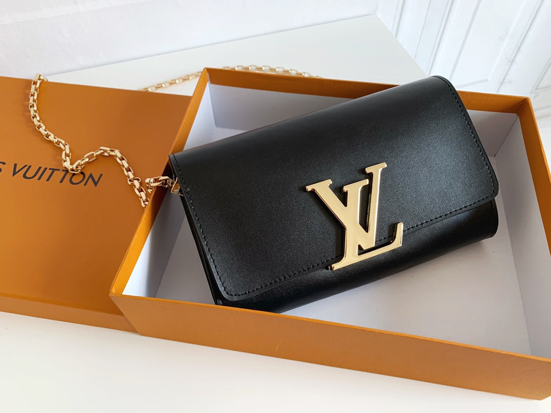 Louis Vuitton "Black Calfskin Leather Chain Louise GM Bag"