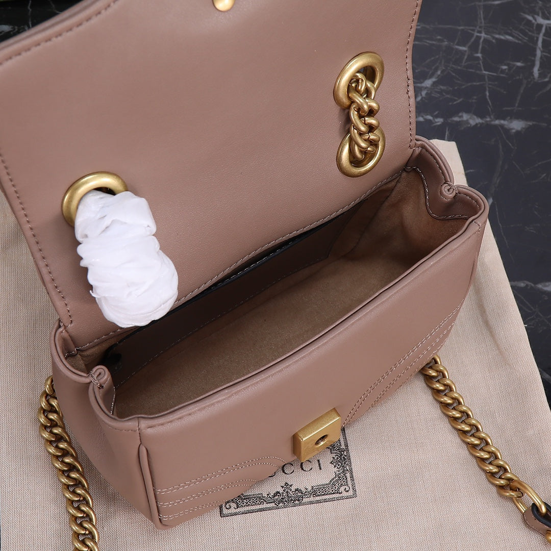 GUCCI "Calfskin Matelasse Mini GG Marmont Square Shoulder Bag Beige"