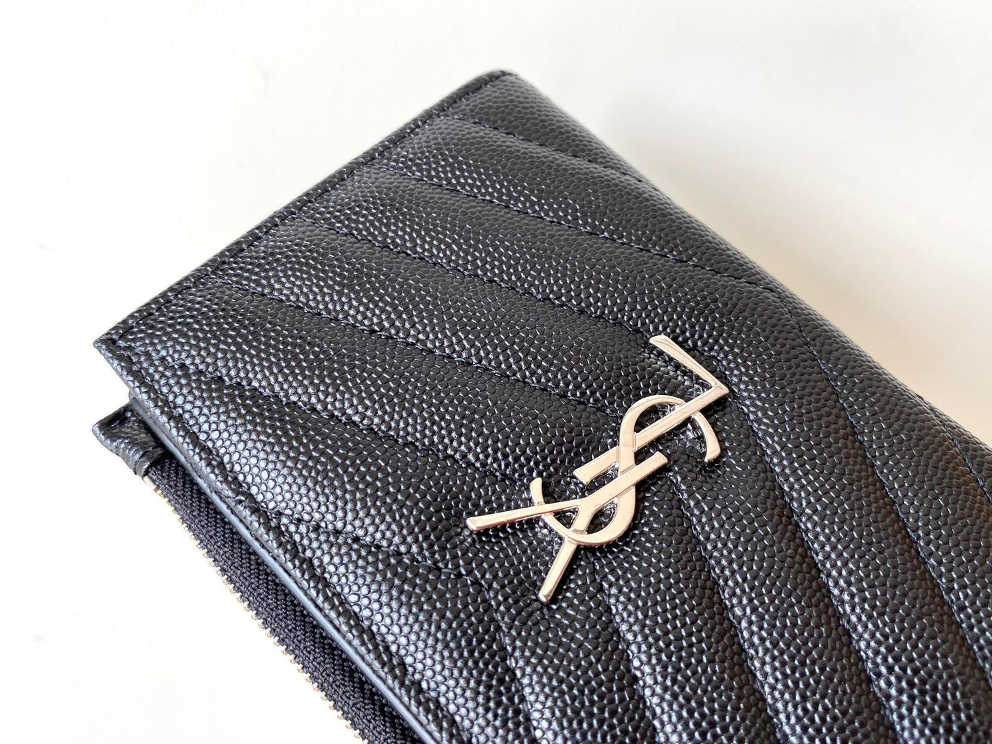 YSL "Monogram Wallet in Black and Silver Grained Leather"