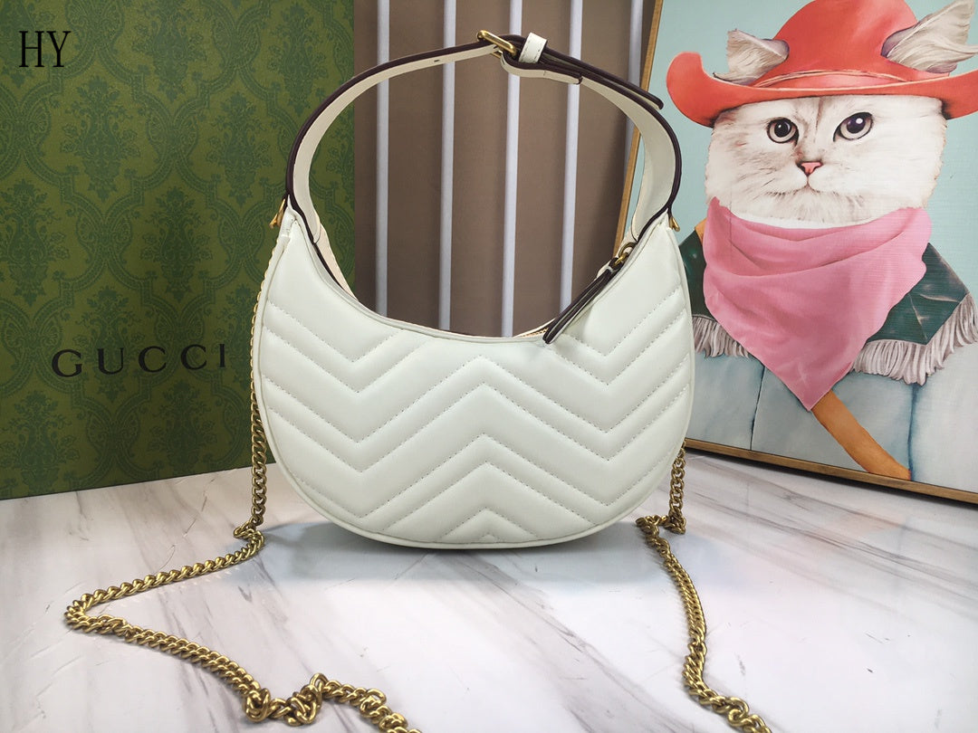 Gucci "White Matelassé Leather Mini GG Marmont Half Moon Shoulder Bag"