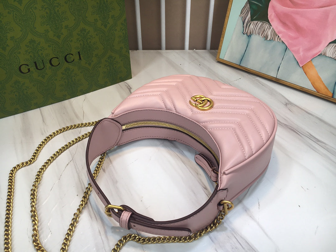 Gucci "Pink Matelassé Leather Mini GG Marmont Half Moon Shoulder Bag"