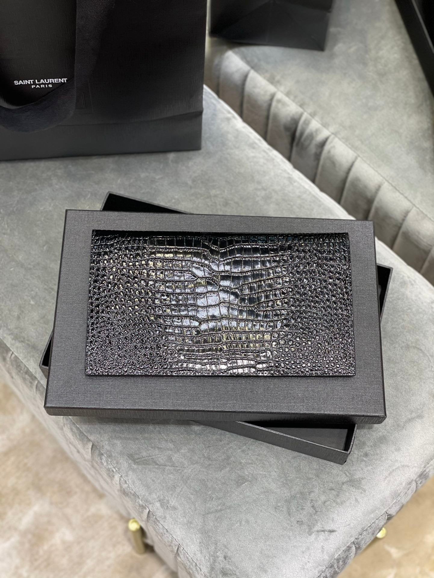 YSL "Medium Uptown Monogram Leather Clutch Black and Silver"