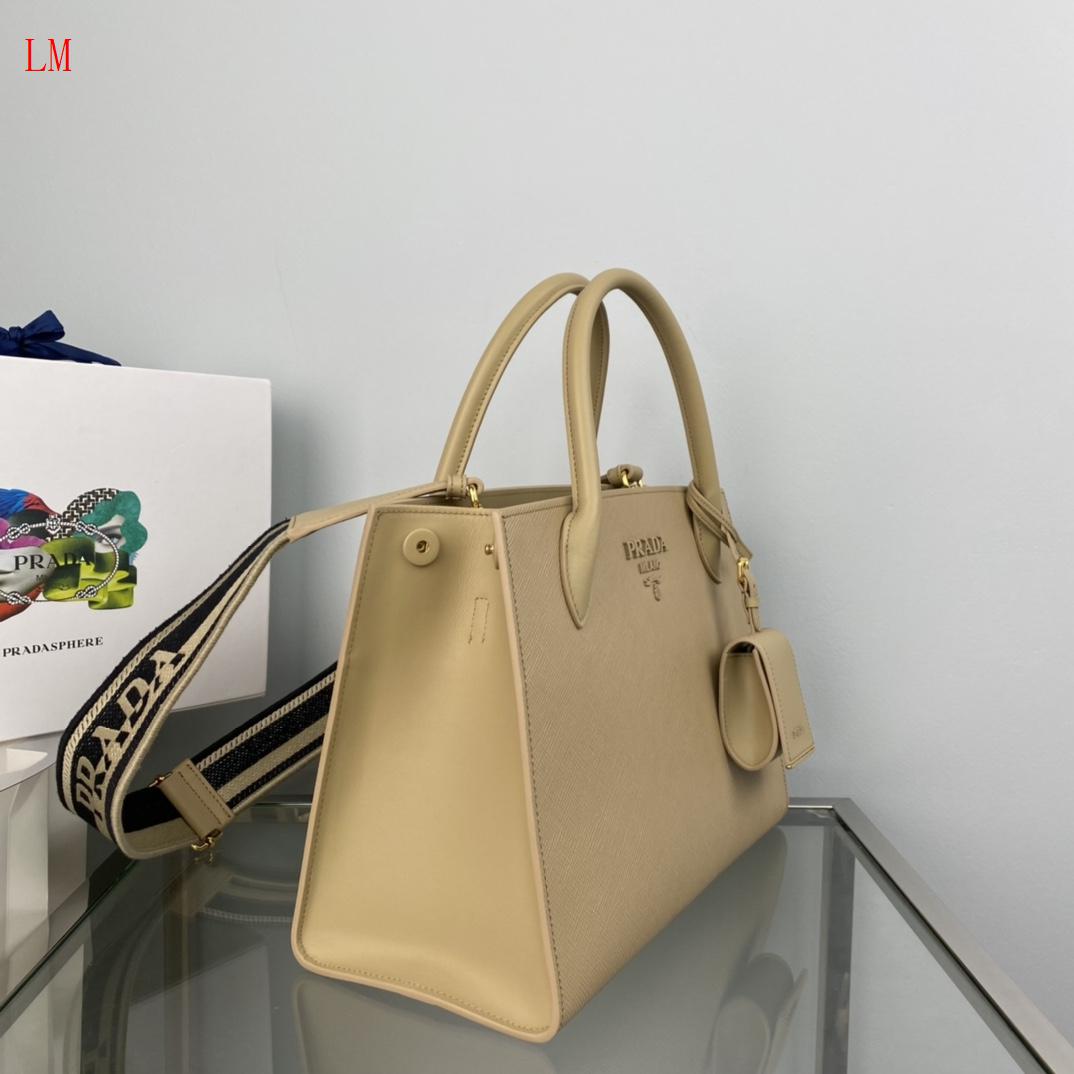Prada "Beige Saffiano Leather Monochrome Tote"