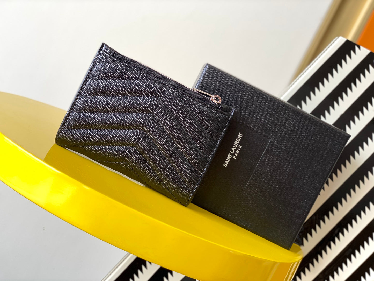 YSL "Monogram Wallet in Black and Silver Grained Leather"