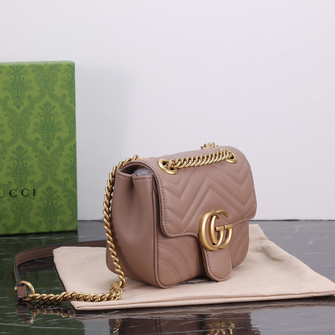 GUCCI "Calfskin Matelasse Mini GG Marmont Square Shoulder Bag Beige"