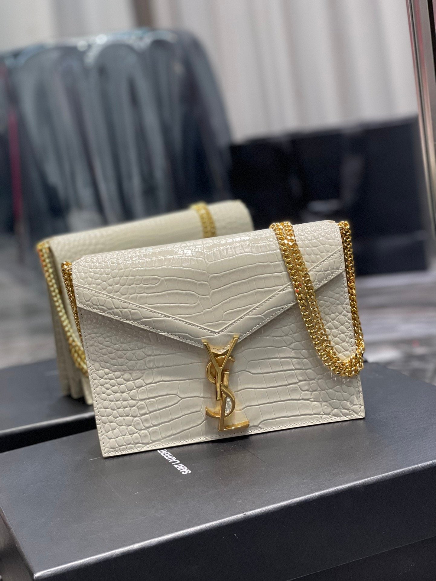 YSL "Cassandra White Monogram Crocodile Leather Crossbody"