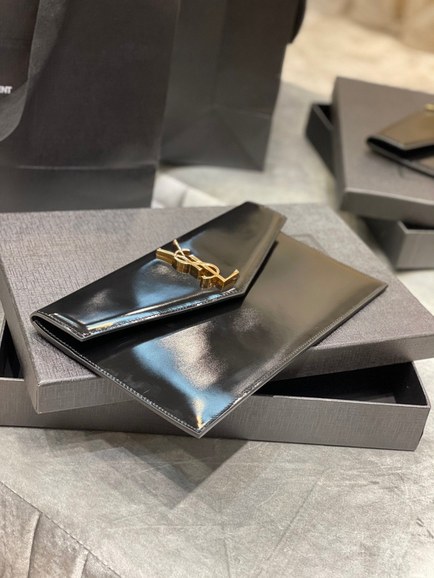 YSL "Medium Uptown Monogram Leather Black and Gold"