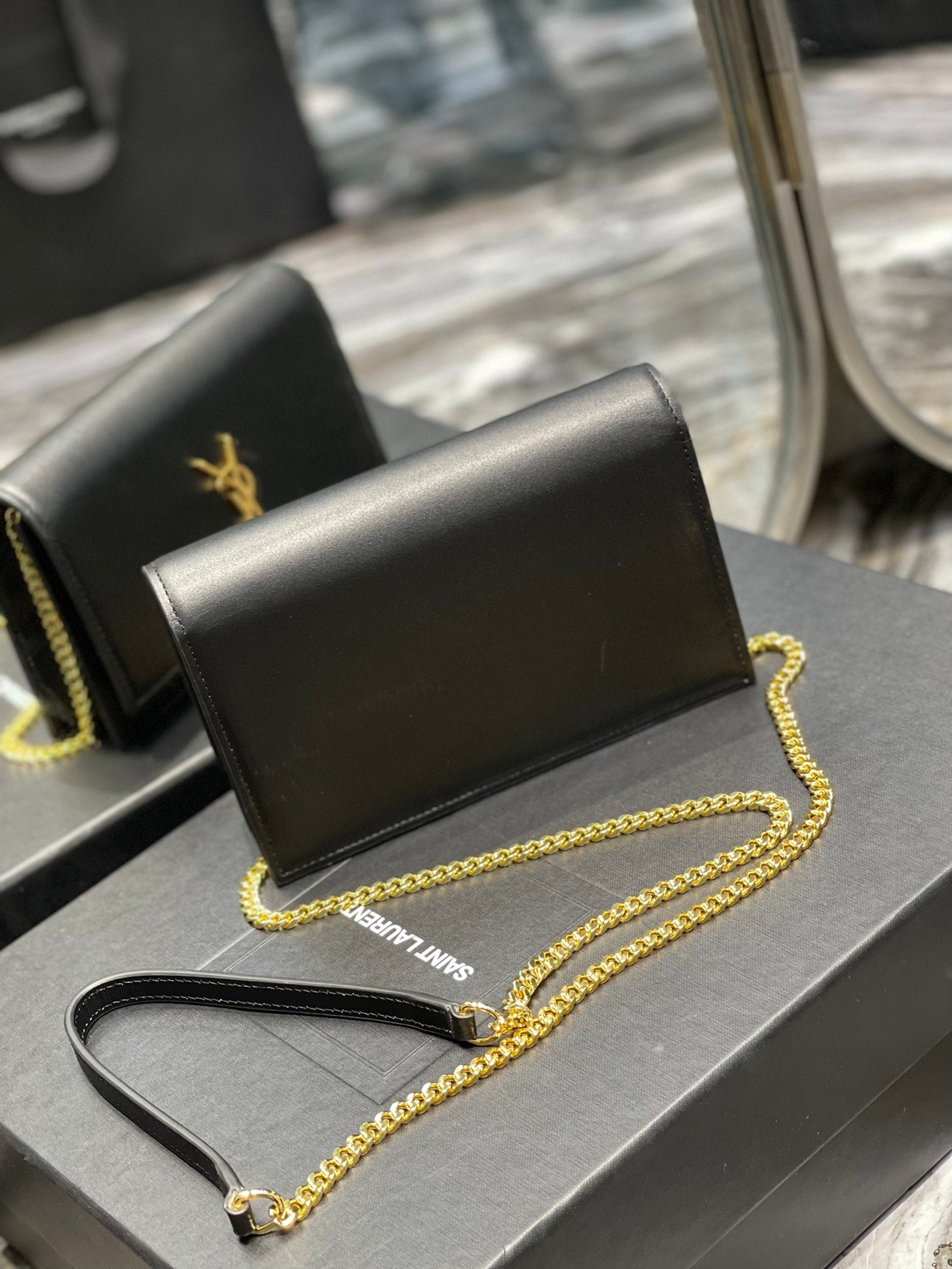 YSL "Black and Gold Kate Small Chain Bag with Tasse"
