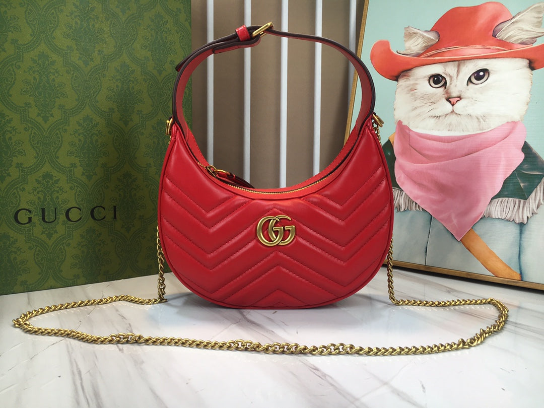 Gucci "Red Matelassé Leather Mini GG Marmont Half Moon Shoulder Bag"