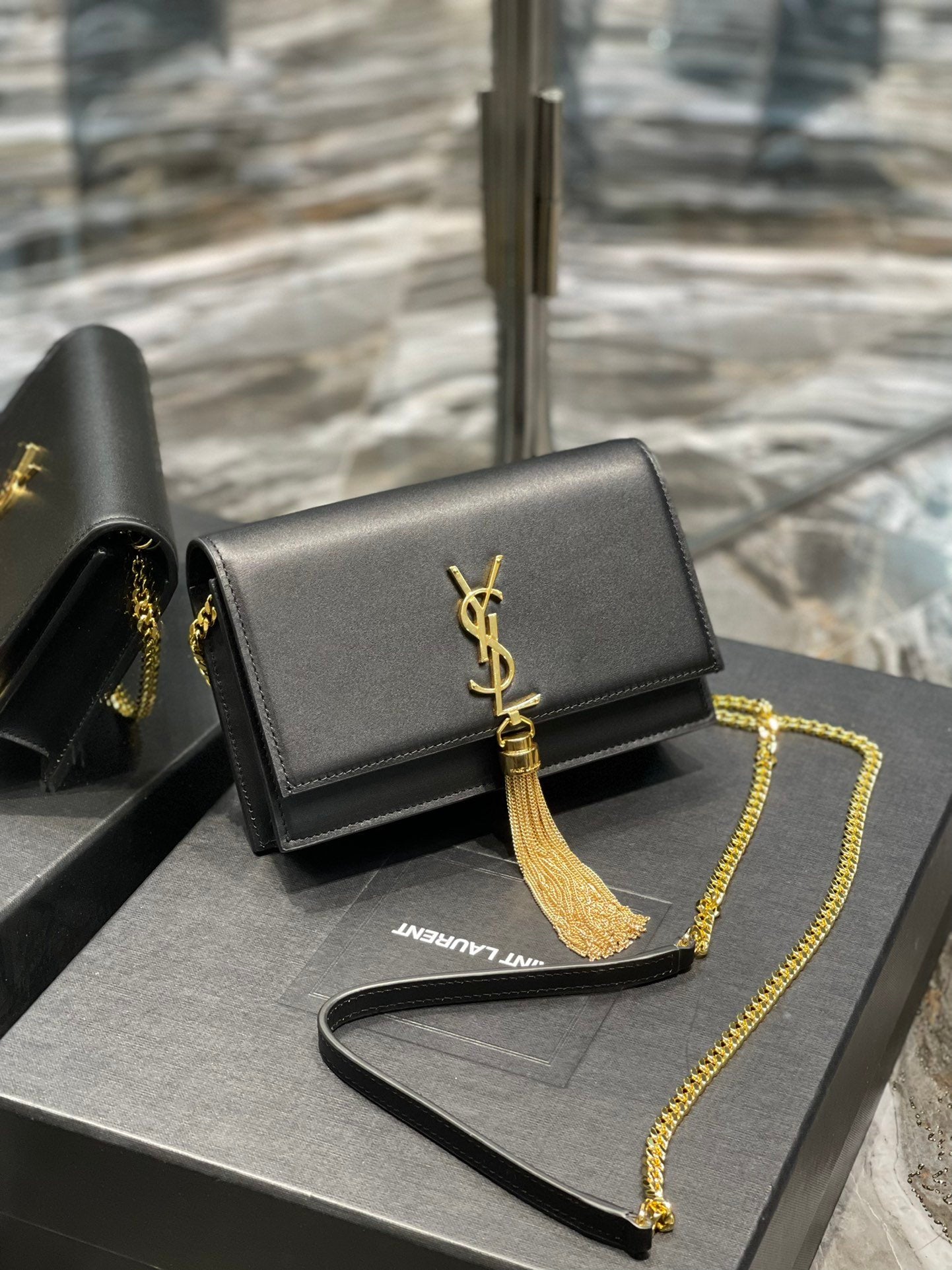YSL "Black and Gold Kate Small Chain Bag with Tasse"