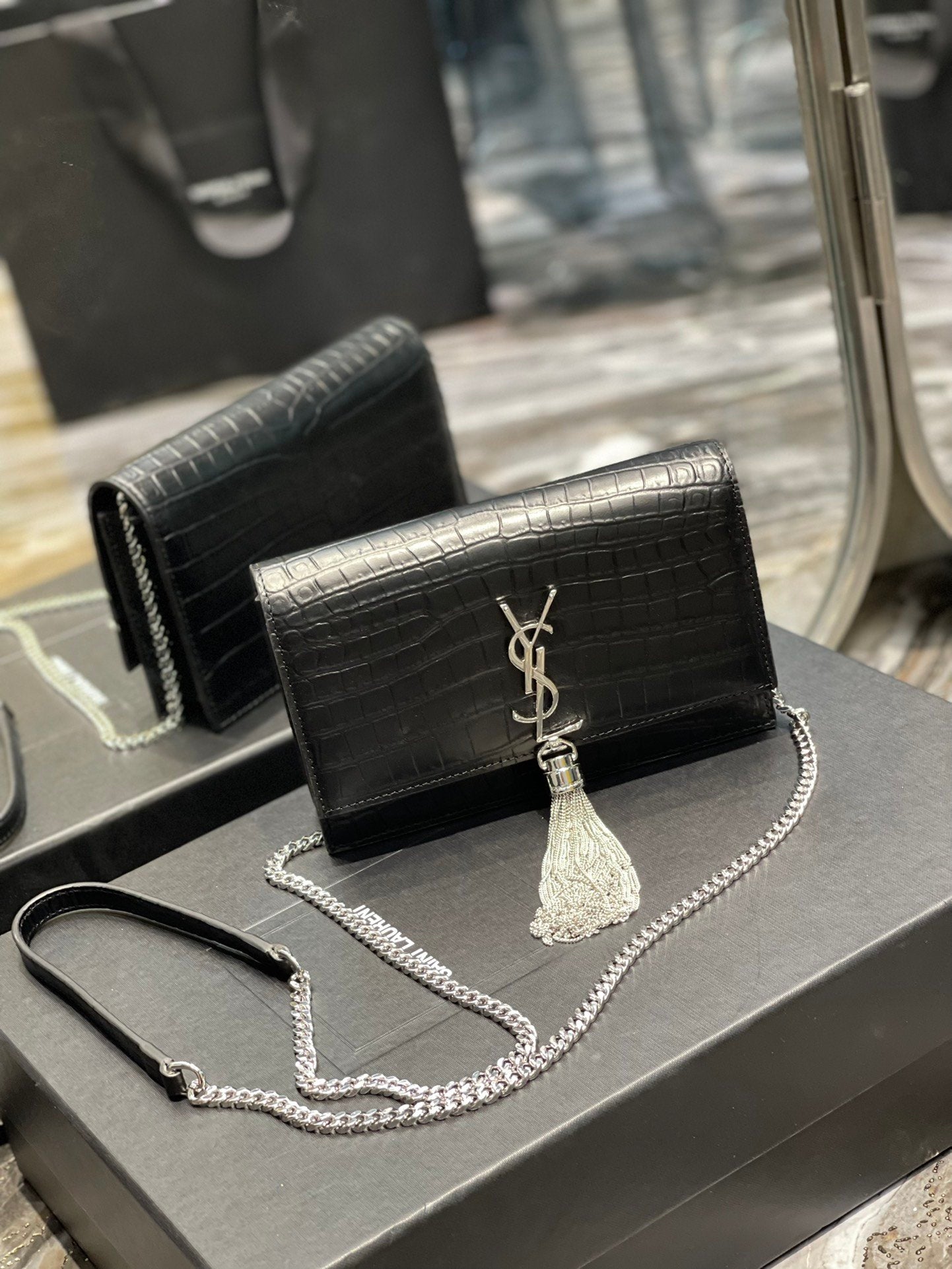YSL "Black and Silver and Gold Croc Embossed Leather Kate Wallet"