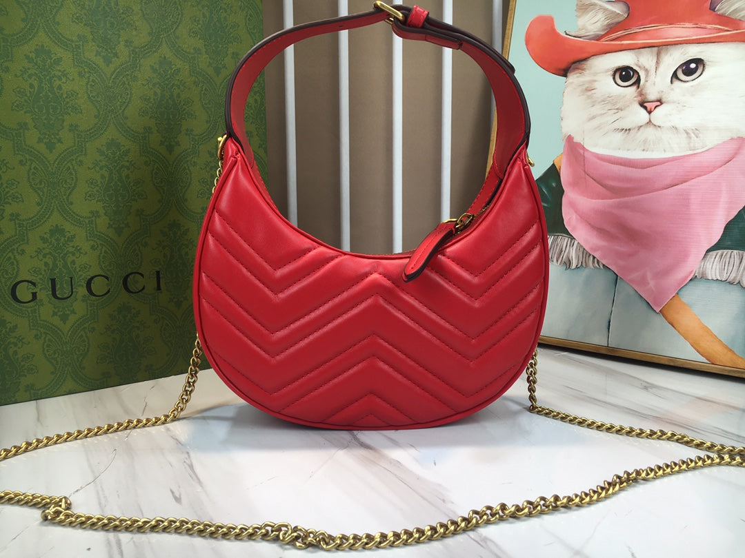 Gucci "Red Matelassé Leather Mini GG Marmont Half Moon Shoulder Bag"