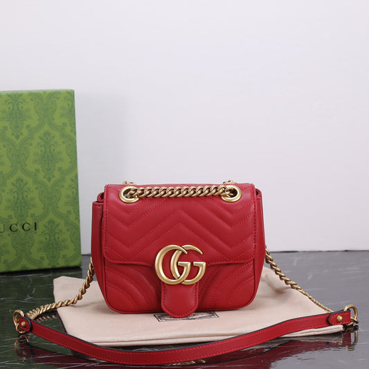 GUCCI "Calfskin Matelasse Mini GG Marmont Square Shoulder Bag Red"