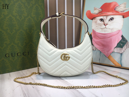 Gucci "White Matelassé Leather Mini GG Marmont Half Moon Shoulder Bag"