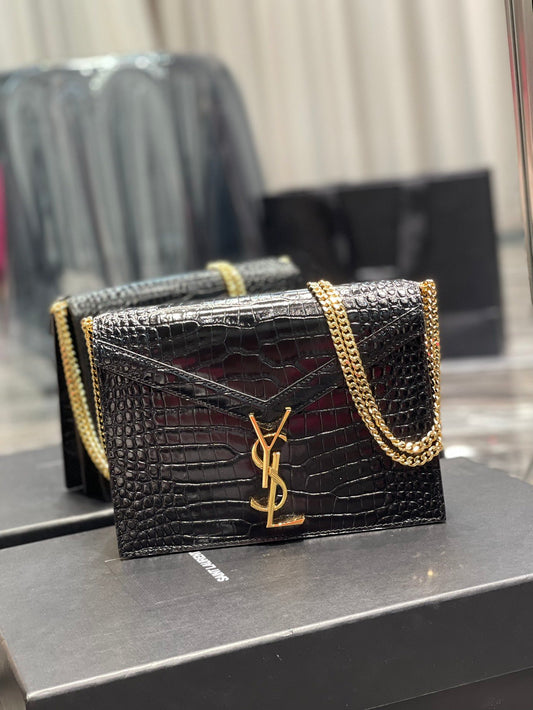 YSL "Cassandra Black and Gold Monogram Crocodile Leather Crossbody"
