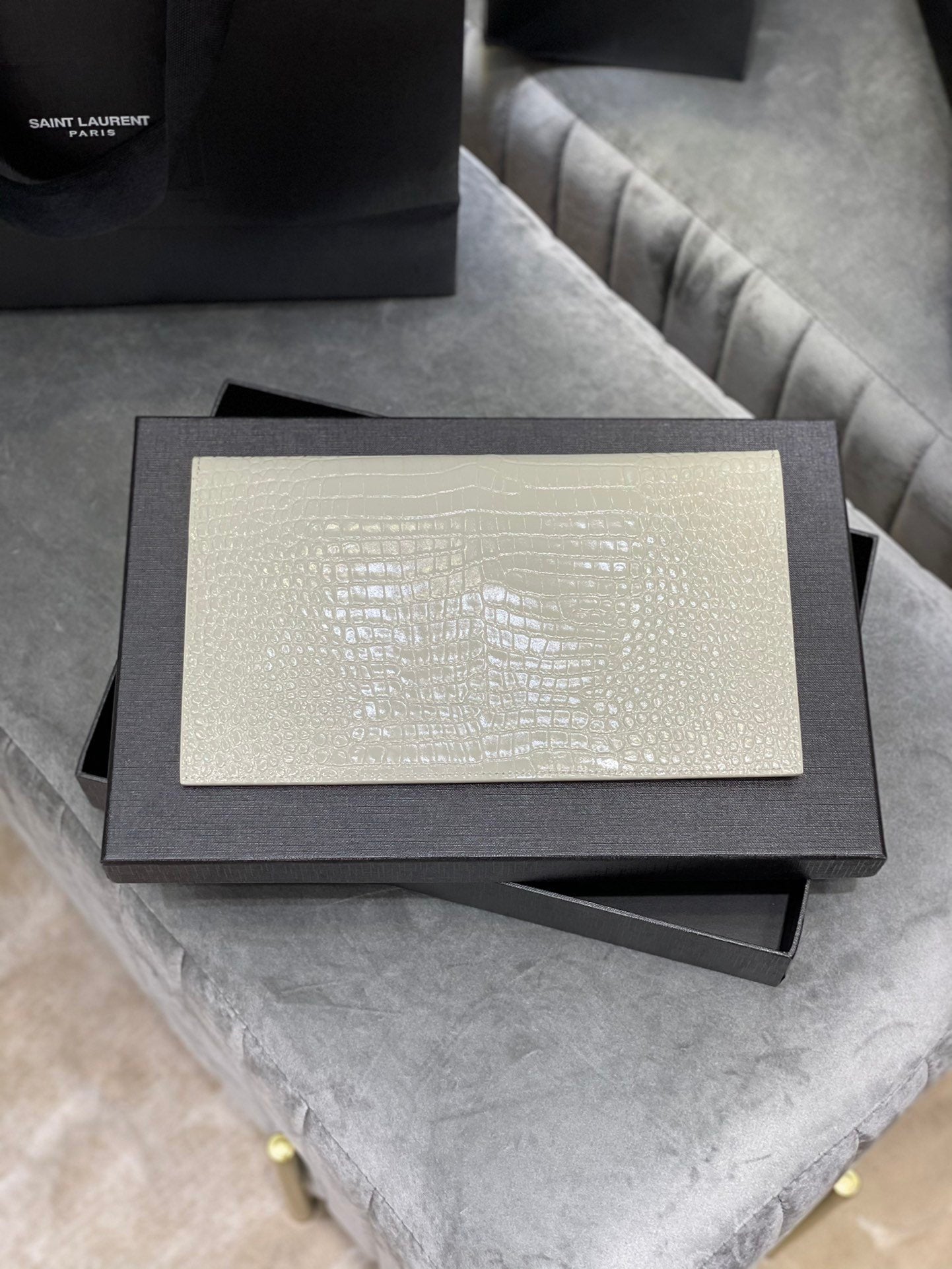 YSL "Medium Uptown Monogram Leather Clutch White and Gold"