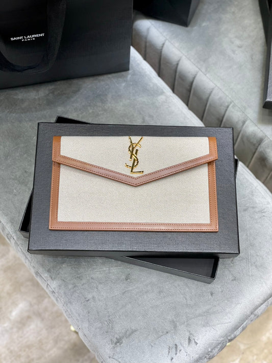 YSL "Medium Uptown Monogram Leather Beige"