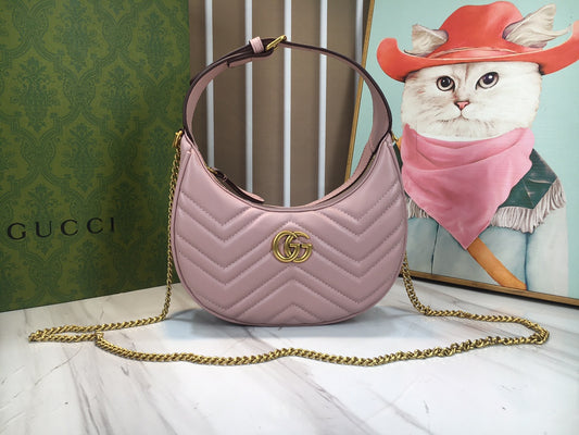 Gucci "Pink Matelassé Leather Mini GG Marmont Half Moon Shoulder Bag"