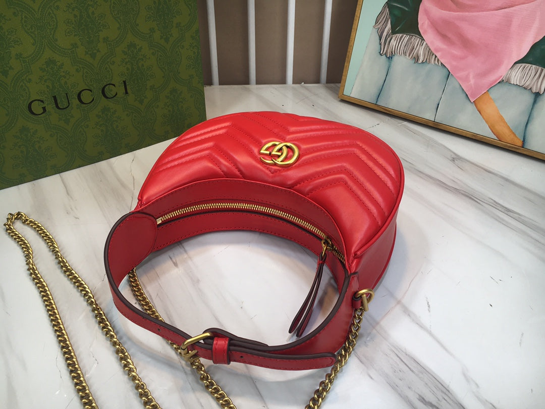 Gucci "Red Matelassé Leather Mini GG Marmont Half Moon Shoulder Bag"