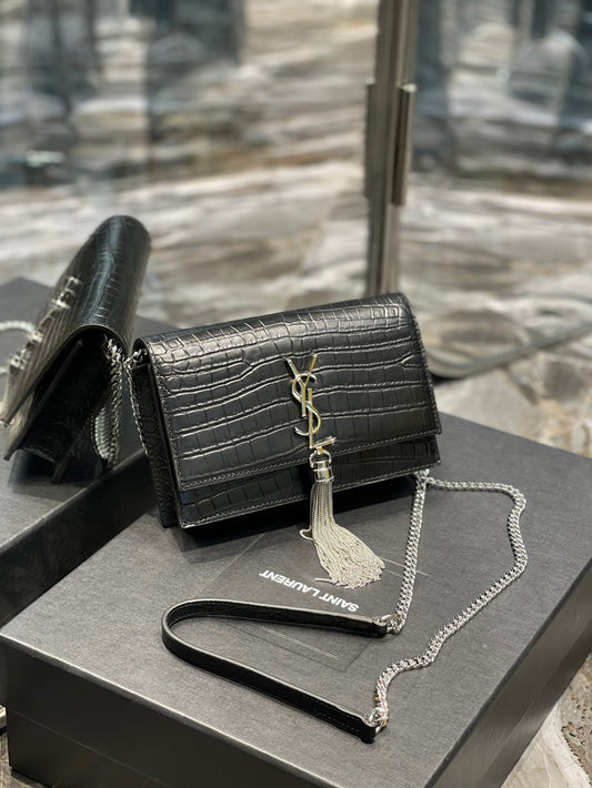 YSL "Black and Silver and Gold Croc Embossed Leather Kate Wallet"