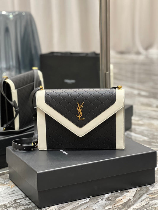 YSL "Mini Quilted Lambskin Monogram Gaby Crossbody Bag Black and White"