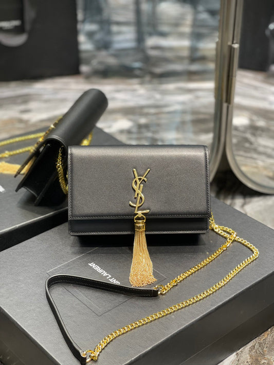 YSL "Black and Gold Kate Small Chain Bag with Tasse"