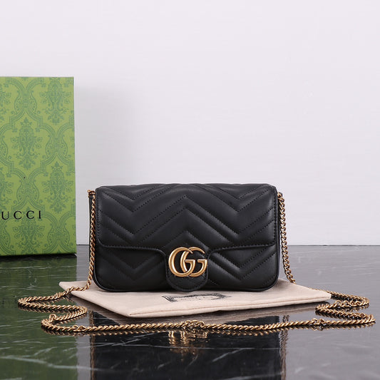 GUCCI "Calfskin Matelasse Super Mini GG Marmont Shoulder Bag Black"