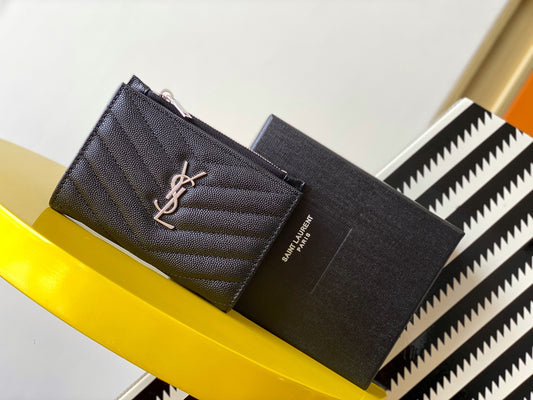 YSL "Monogram Wallet in Black and Silver Grained Leather"
