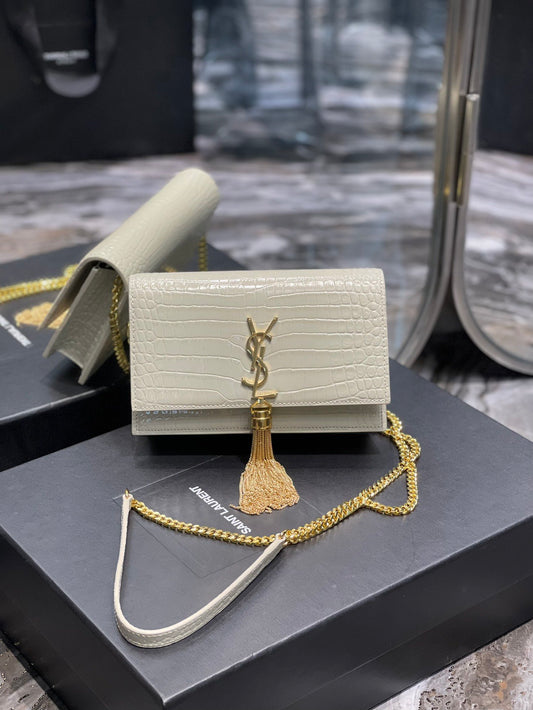 YSL "White Croc Embossed Leather Kate Wallet"