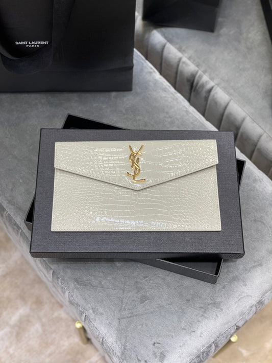 YSL "Medium Uptown Monogram Leather Clutch White and Gold"