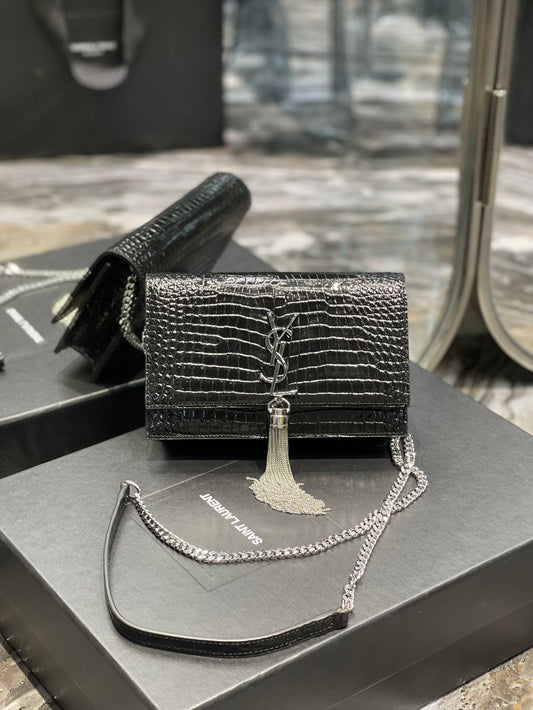 YSL "Full Black Croc Embossed Leather Kate Wallet"