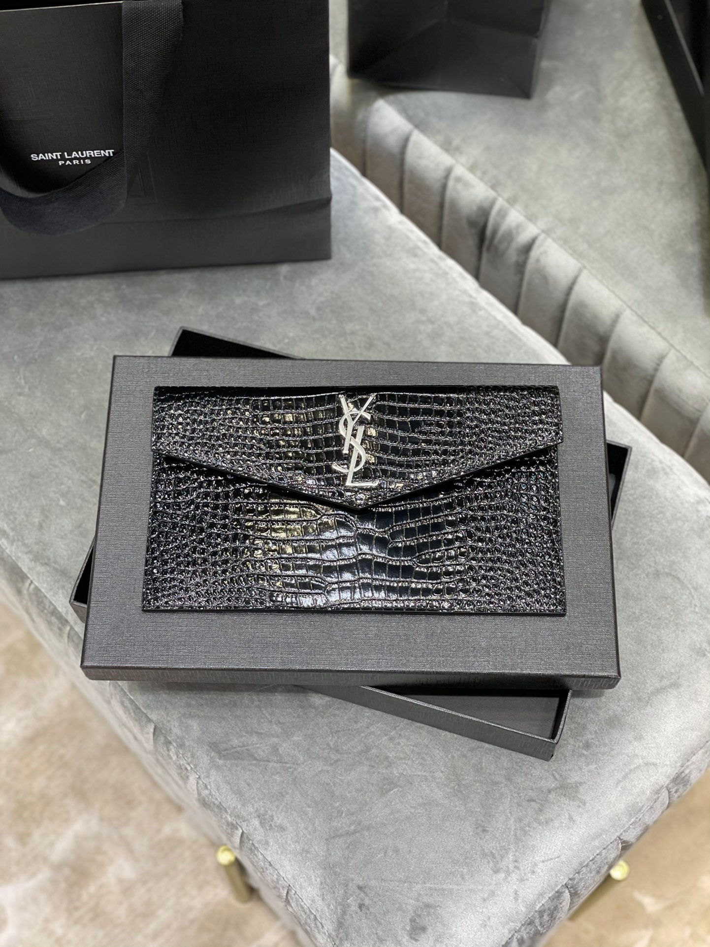 YSL "Medium Uptown Monogram Leather Clutch Black and Silver"