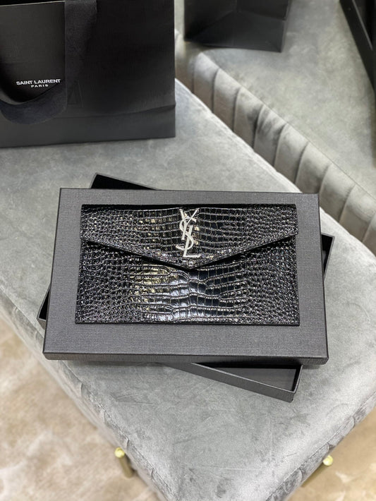 YSL "Medium Uptown Monogram Leather Clutch Black and Silver"