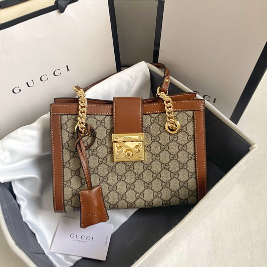 Gucci "GG Supreme Padlock Shoulder Bag Brown Leather"