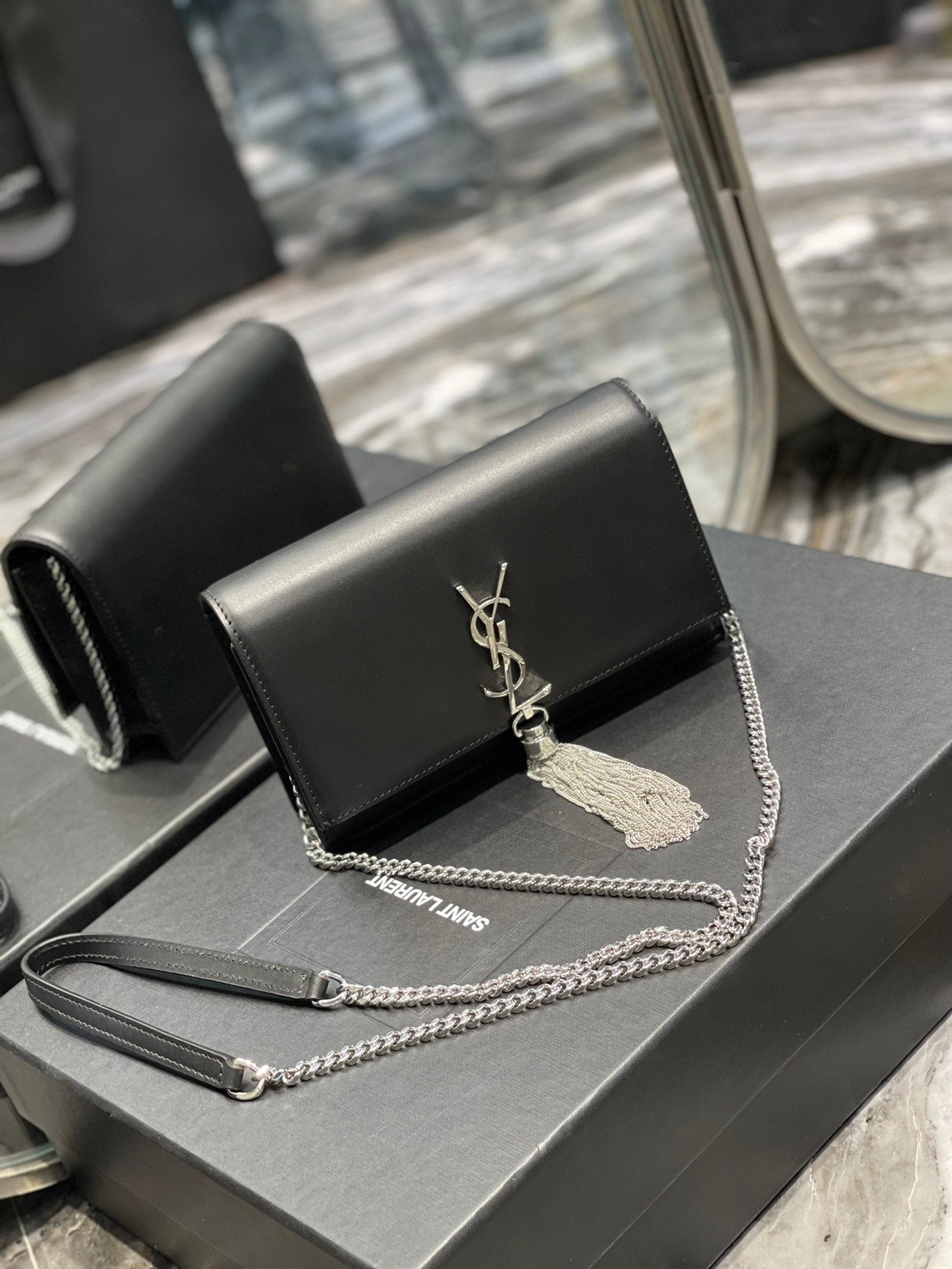 YSL "Black and Silver Kate Small Chain Bag with Tasse"