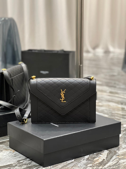 YSL "Mini Quilted Lambskin Monogram Gaby Crossbody Bag Black"