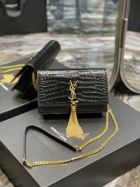 YSL "Black and Gold Croc Embossed Leather Kate Wallet"