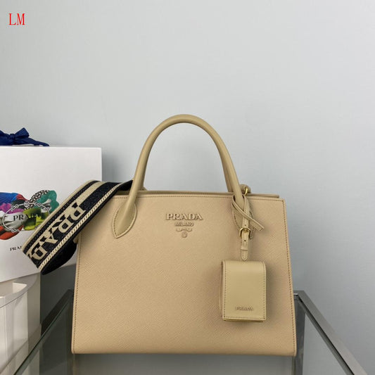 Prada "Beige Saffiano Leather Monochrome Tote"