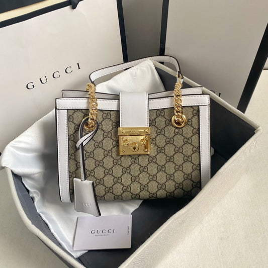 Gucci "GG Supreme Padlock Shoulder Bag White Leather"