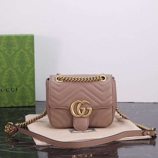 GUCCI "Calfskin Matelasse Mini GG Marmont Square Shoulder Bag Beige"