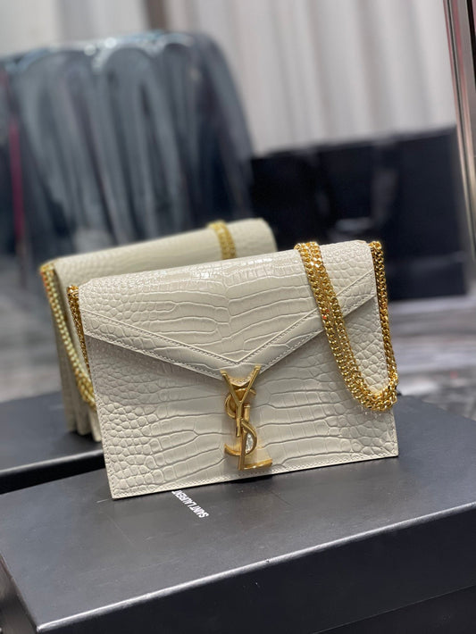 YSL "Cassandra White Monogram Crocodile Leather Crossbody"