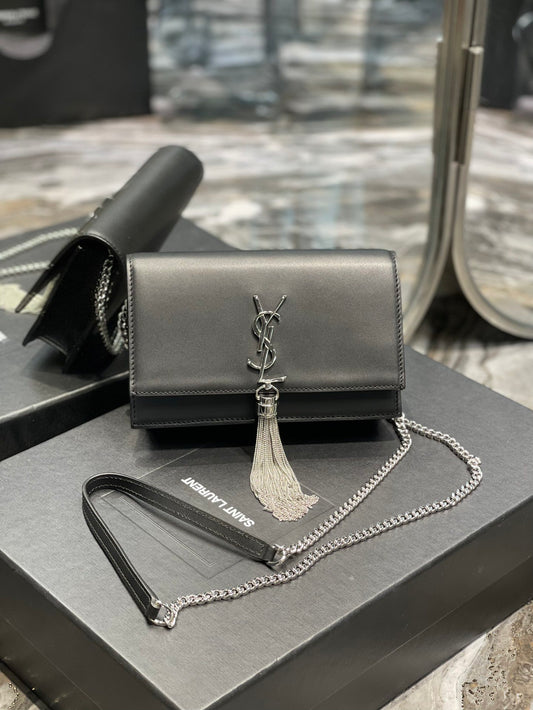 YSL "Black and Silver Kate Small Chain Bag with Tasse"